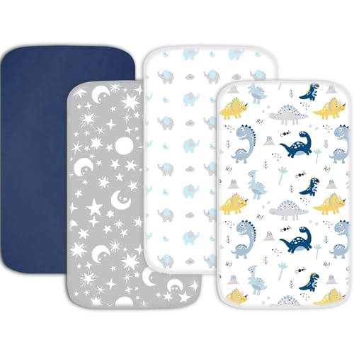 Image of Plushii Mini Crib Sheets 4 Pack, 38 inchx 26 inch Extra Soft Microfiber Pack and Play Fitted Sheet for Mini Crib & Pack and Play Mattress, Playpen Sheet Fitted for Baby Boys,Dinosaur