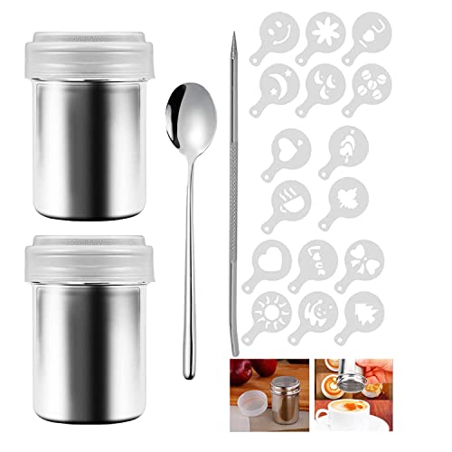 Espolvoreador Cacao de Acero Inoxidable 304 2Pcs con tapa de malla fina para Canela chocolate polver Azúcar con 16 Plantillas de Café Cappuccino, Coffee Art Pull Pin, Cuchara de acero inoxidable