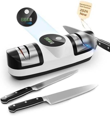Electric Knife Sharpener, 5 in 1 Knife Sharpening System with 3 Speed Setting, Rechargeable Professional Diamond Knife Sharpener with LED Display for Rough & Fine Sharpening (VH1)
