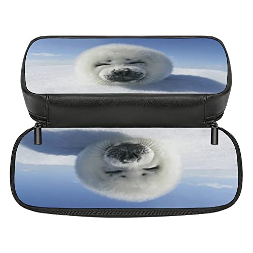 Kamuff Sea Lion Pu Leather Quad Pen Case Zipper Pencil Pouch Holder For Pens Case Office Storage Box Organizer Pen Bag(8×1.5×3.5 In) #TOP2