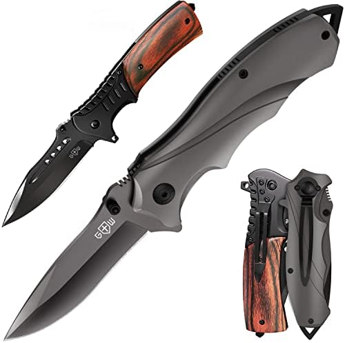 Bundle of 2 Item- Heavy Pocket Knife- Best Spring Assisted Knife Folding Knife with Glass Breaker and Pocket Clip - Military EDC USMC Tactical Jack Knifes - Folding Knife Gifts for Men and Women