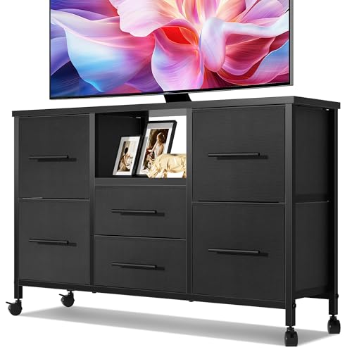 MIKIICOCO Chest of Drawers, Dresser for Bedroom with 6 Drawers, 43.3'' Long TV Stand with Storage Shelf, Clothes Storage Unit with 4 Castors, Fabric Drawers, Metal Frame