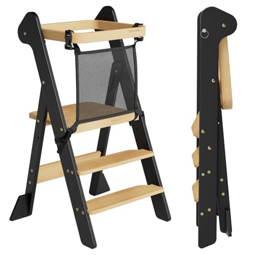 COSYLAND Torre de Aprendizaje Montessori de Madera Plegable Desde 1 Año – Ganadora del Premio iF Design, con Red de Seguridad y Altura Ajustable, Ideal para Cocina y Baño (Negro y Natural)
