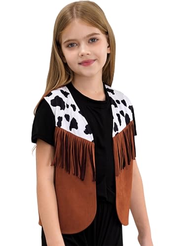 Girls Boys Sleeveless Cow Print Fringed Cowboy Cowgirl Vest Waistcoat for Kids Western Party Dress Up4