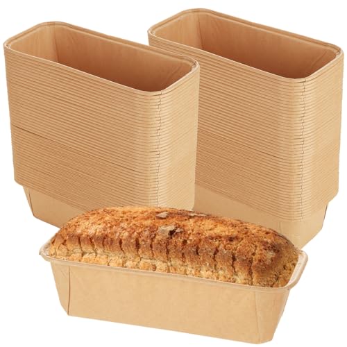 LOLYSIC 100 Pack Disposable Paper Loaf Pans Rectangle Kraft Bread Loaf Molds Microwave & Freezer Safe Medium Size 6.1*2.1*2 Inch Grease-Resistant Stackable Baking Pans for Bread Cakes & Desserts