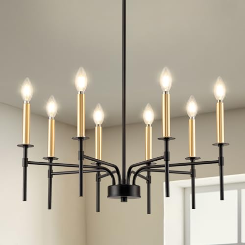 YURNYQ Modern Dining Room Light Fixture 8-Light, Black and Gold Farmhouse Chandelier, Metal Candle Chandeliers for Dining Room, Kitchen, Living Room, Bedroom, Foyer, Staircase, Entryway by YURNYQ - Used condition - US$83.99