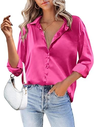 Hotouch Satin Silk Button Down Shirts for Women Long Roll Up Sleeve V Neck Silky Curved Hem Blouse Tops Hot Pink XXL