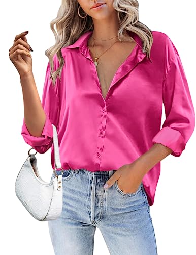Hotouch Satin Silk Button Down Shirts For Women Long Roll Up Sleeve V Neck Silky Curved Hem Blouse Tops Hot Pink Xxl #TOP7