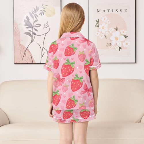 ALAZA Strawberry Love Heart Fruit Bow Pajamas Satin Pajama Set Short Sleeve Button Down Sleepwear4