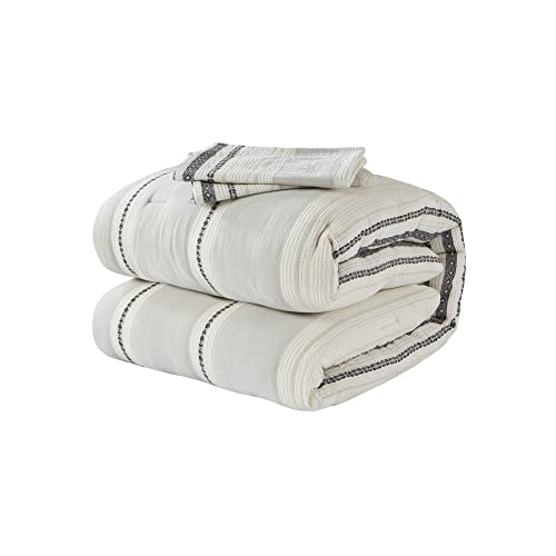 Hyde Lane Tahoe Farmhouse Bedding Set ,Grey Modern Full/Queen Size Comforter,Cotton Top With Neutral Rustic Style Stripes, Boho Bedroom Bed Sets,3-Pieces Including Matching Pillow Shams (90X90 Inches) #TOP6