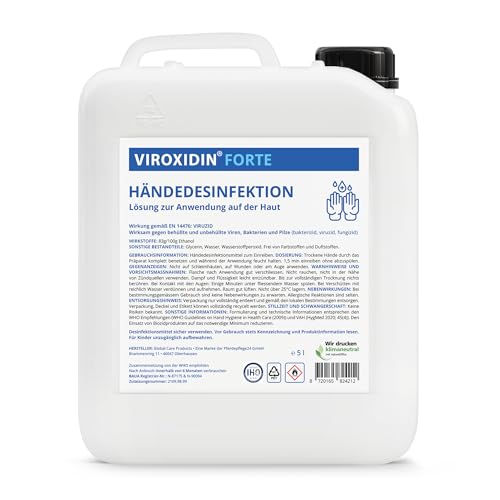 Viroxidin Desinfektionsmittel für Hände - Viruzid - 83% Alkohol (Ethanol) Hygienische Handdesinfektion gegen Bakterien, Viren & Pilze zum Einreiben - Hände Desinfektionsmittel 5000ml