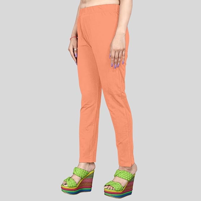 Image of Women's Solid Cotton Lycra Pants-High Waist Slim Fit Stretchable Leggings - Comfortable Long Trousers for Casual, Office & Everyday Wear