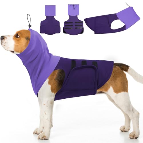 Image of SAWMONG Dog Anxiety Vest, Breathable Calming Shirt Adjustable Chest & Hood for Dogs, Soft Pet Stress Relief Calming Coat Wraps Ears for Noise, Thunderstorms, Fireworks and Separation(Purple, 2X Large)