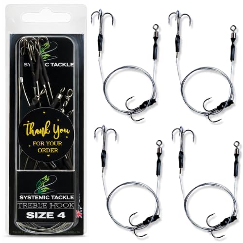 5x Pike Rigs Deadbait Traces - Size 2 4 6 8 - Pike Fishing Trace Treble Hooks Live Bait - Barbed, Semi, Barbless - Ready to go! (Barbless, 4)