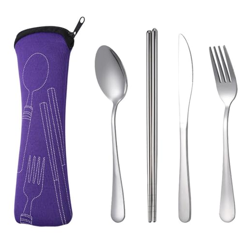 Macejczyk Juego de 4 Piezas de Vajilla Portátil de Acero Inoxidable, Cuchara, Tenedor, Cuchillo para Carne, Cubiertos de Viaje, Vajilla con Bolsa Púrpura