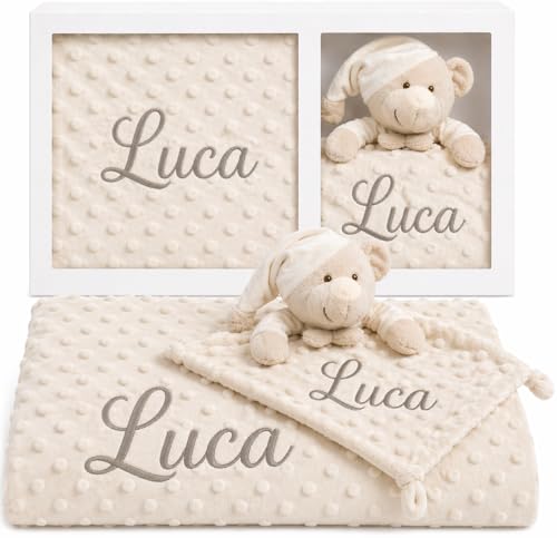 mibebestore Pack Manta Bebé Personalizada con Nombre con Doudou Bordado Regalo para Recién Nacido Niño o Niña Mantita Minky Suave 80x100 cm Dou Dou 25x25 cm para Cuna Coche   Oso Beige