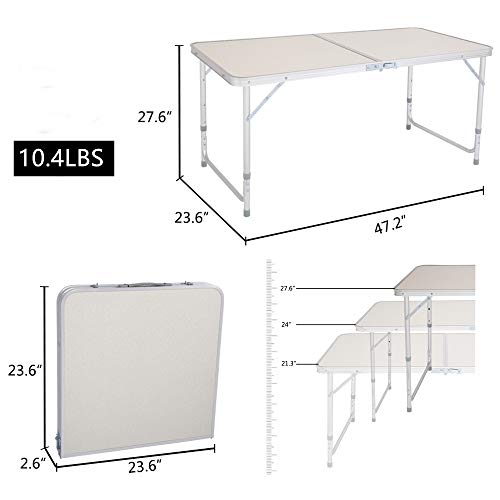 Aluminum Folding Table, Multipurpose Picnic Camping Table, Portable And Adjustable Rectangle Table For Party, Beach, Backyard, Bbq, Indoor And Outdoor, White (4Ft-47.2 X 23.6 X 21.3-27.6”) #TOP2