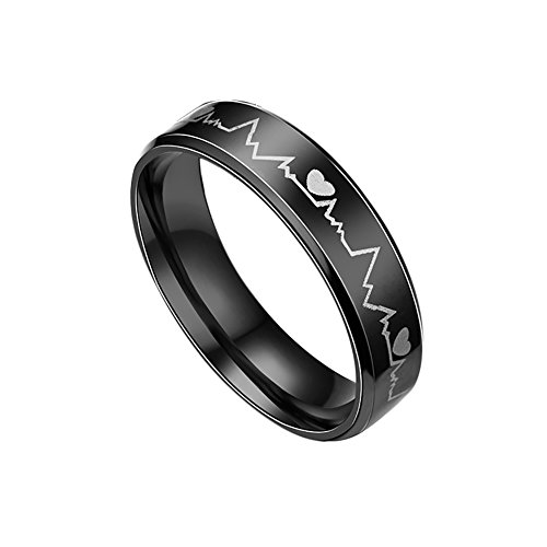 Afco Stainless Steel Couple Finger Ring,Glow in The Dark Heart Rate Electrocardiogram Ring Black 6