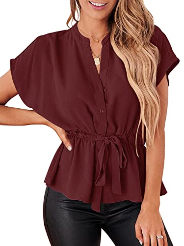 Womens Button Down Chiffon Blouses Casual Peplum Summer Tops Dressy Henley Shirts - Image 3