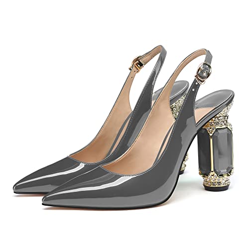 Image of JANSEVEN Women Chunky Heels Pumps Crystal Block Heels with Rhinestones Pointed Toe Sexy Gradient Patent Leather Slip on Bridal Party Wedding Dress Shoes 5-13 M US