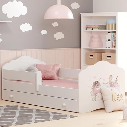 Kids Collective Kinderbett 80x160 cm mit Matratze und Schublade, Lattenrost & Rausfallschutz Bett für Kinder Bett Bed Jugendbett Einzelbett Komplettbett in weiß mit Pferd Motiv von 3 bis 10 Lebensjahr