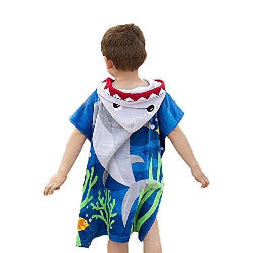 Kids Hooded Ponchos Bathrobe 100% Cotton Super Soft Children Changing Robe for Beach Swimming Towel (M, Shark)