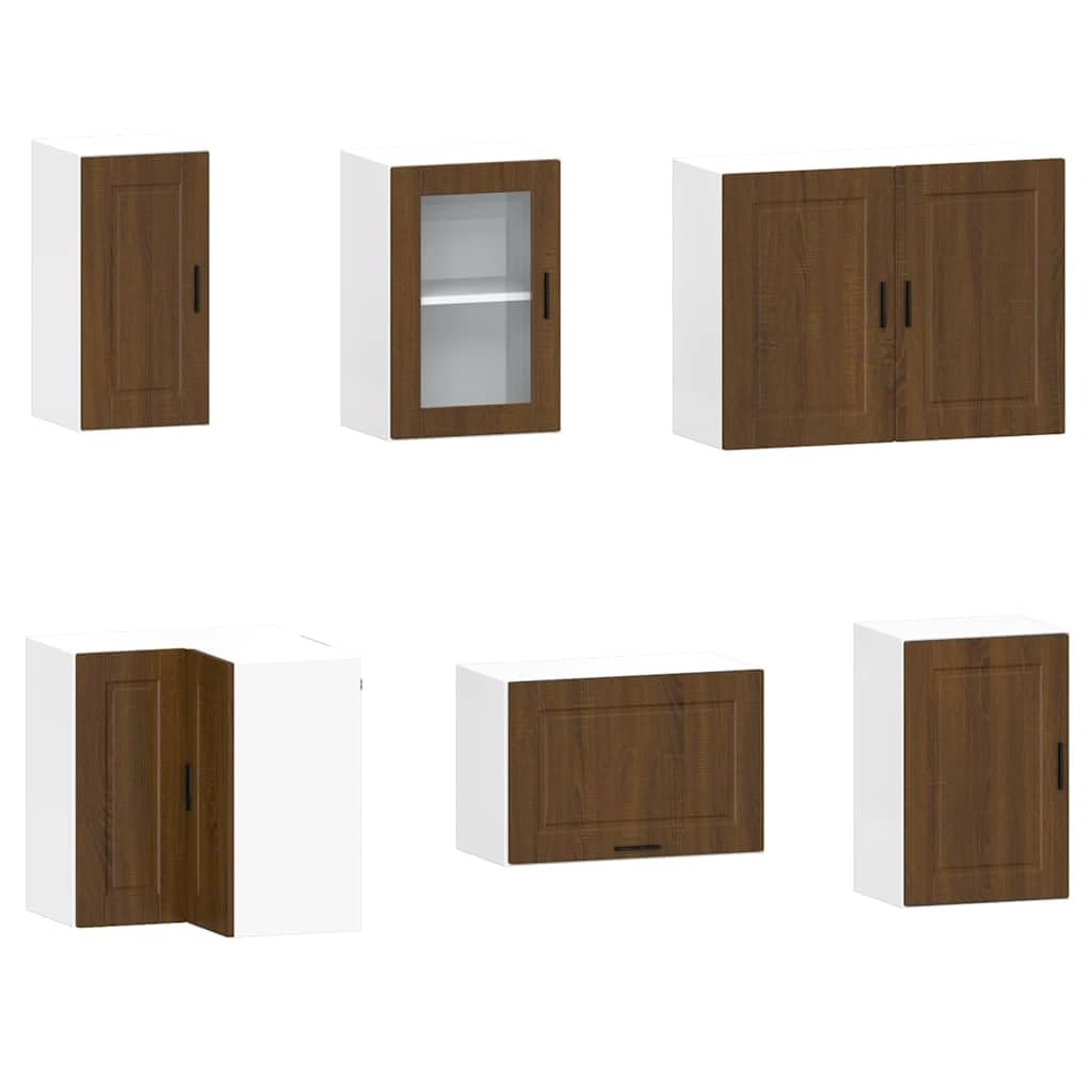 Lot de 11 armoires de cuisine Porto aspect chêne marron en bois avec beaucoup d'espace de rangement et pieds réglables pour une cuisine autonome et un rangement peu encombrant