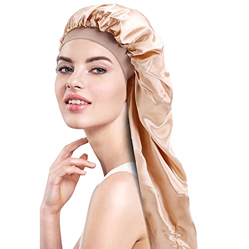 Braid Bonnet For Sleeping Long Hair Women Silk Shower Cap Satin Bonnet (Khaki)