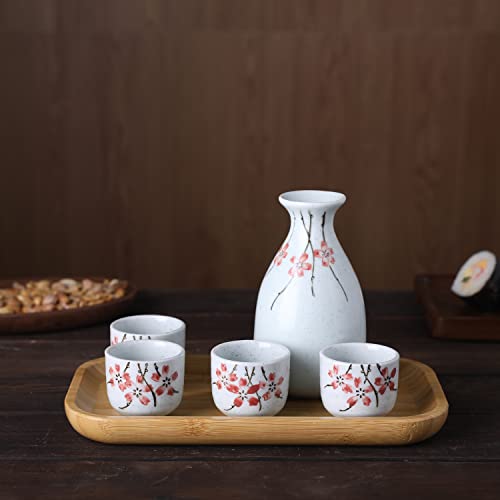 Mygift Classic Ceramic Japanese Sake Combo Set With White Glaze And Pink Cherry Blossom Branch Design, Pouring Carafe, 4 Shot Glasses And Bamboo Serving Tray #TOP2