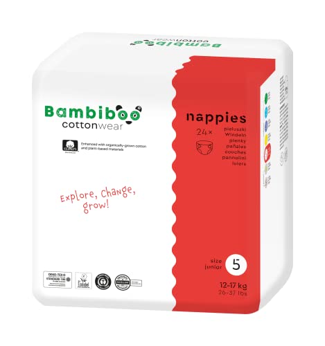 Bambiboo Cottonwear Pañales desechables para bebé con algodón orgánico y materiales vegetales con indicador de humedad, talla 5 Junior (12-17 kg) 24 unidades