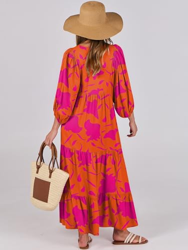 Image of ANRABESS Womens Boho Floral 3 /4 Puff Sleeve Maxi Dress