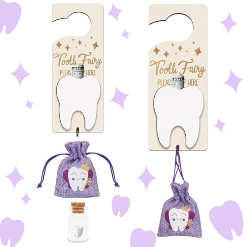 Tooth Fairy Tooth Holder, Tooth Fairy Door Hanger with Money Slot, Keepsake Bottle &amp; Burlap Pouch for Lost Teeth, Encourage Gift for Boys Girls (Purple)