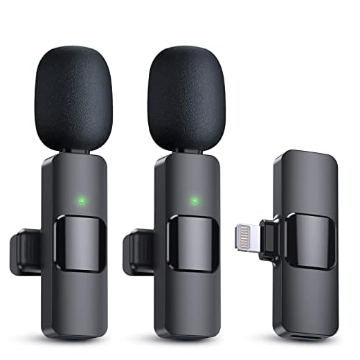 PQRQP Pacote com 2 microfones de lapela sem fio para iPhone, iPad – Qualidade de som cristalina para gravação, transmissão ao vivo, YouTube, Facebook, TikTok