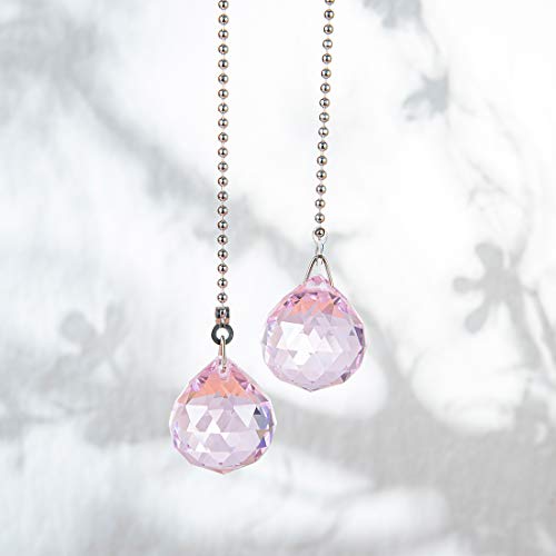 Image of Ceiling Fan Pull Chain, 2pcs 30mm Diameter Prism Ball Extension Chains with Decorative Light Bulb and Fan Cord (Pink)