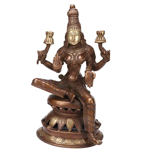 Image of Kartique Brass Lakshmi Idol on Lotus, 12 Inch for Home Temple (Bronze) | Handmade