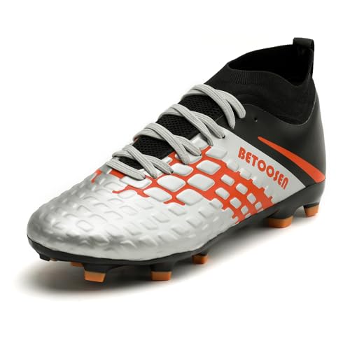 BETOOSEN Men's Outdoor Firm Ground Football Soccer Cleats Shoes Futsal Football Training Sneakers (6.5, Grey)