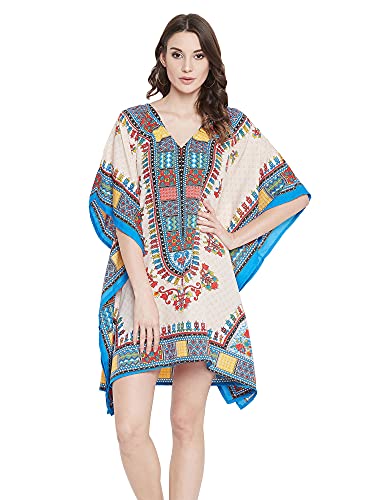 Oussum Women Short Caftan Tunic Top Polyester Kaftan Dress Plus Size for Beach (Ivory Abstract Printed Tunic)