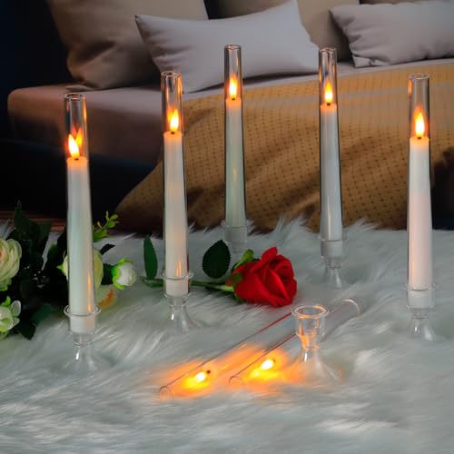 Image of Comenzar 12PC Flameless Taper Candles - LED Candles, Flickering Design with Base, Perfect for Home, Windows，Decoration，Weddings, Parties (White)