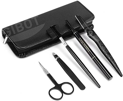 Gibot Eyebrow Set, 5pcs Stainless Steel Eyebrow Grooming Kit with Tweezers, Scissors, Eyebrow Brush Comb, Eyebrow Pencil, Razor and Travel Case for Women and Men, Black