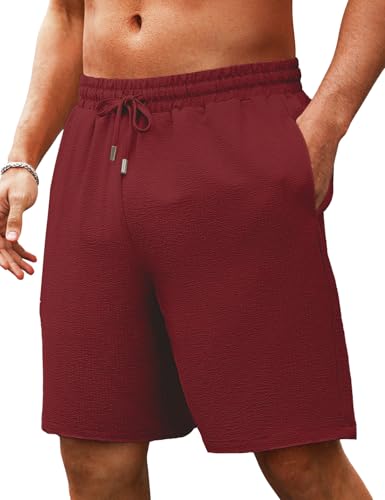 hawalili Men's Shorts Casual Summer Drawstring Elastic Waist Lightweight Textured Big and Tall Beach Shorts for 2025 Vacation Outfits Wine Red Large