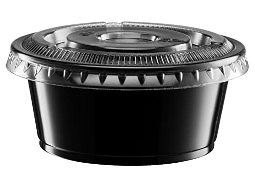 Image of {3.25 oz - 100 Sets} Black Diposable Plastic Portion Cups With Lids, Small Mini Containers For Portion Controll, Jello Shots, Meal Prep, Sauce Cups, Slime, Condiments, Medicine, Dressings, Crafts,