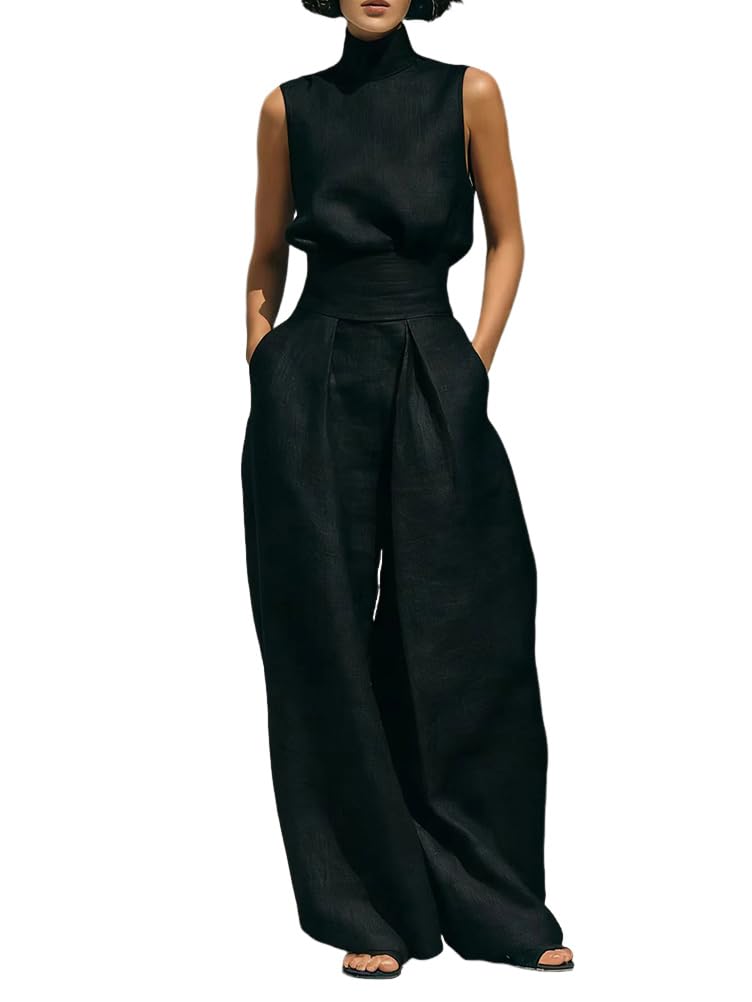 shownicer Ensemble Femme Coton et Lin 2 Pièces Chic et Elegant Tenue sans Manche Débardeurs Et Pantalon Ensembles Ete Décontractée Tenue