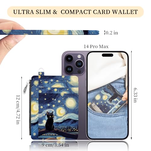 Hancynir Starry Night Black Cat Slim Wallet for Women - RFID-Blocking Mini Credit Card Holder with Zipper Coin Pocket, Lightweight PU Leather Travel Accessory - Image 2