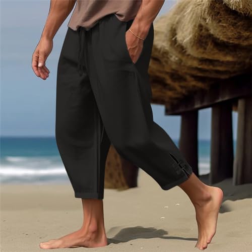 Plus Size Cropped Pants Men Summer Drawstring Elastic Waist Pants Crop Linen Pants with Pockets Hippie Harem Pants2