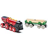 Brio World 33592 Mighty Red Action Locomotive | Battery Operated Toy Train with Light and Sound Effects & World - 33696 Lumber Loading Wagon | 4 Piece Train Toy for Kids Ages 3 and Up - Red