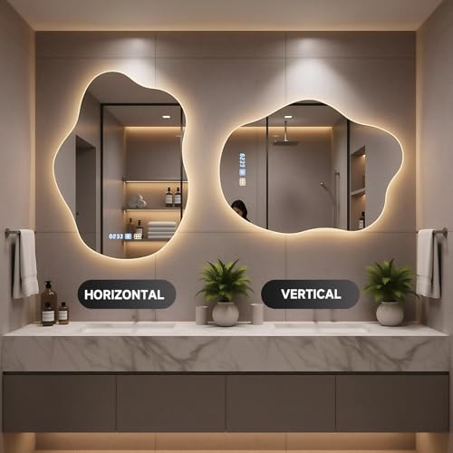 Litglobe Bathroom Mirror with LED Lights 70x50cm,Irregular Shape Illuminated Bathroom Mirrors,Wall Mounted Mirror with Anti-Fog,3 Colour Dimmable Lights,Touch Control,Time Display & Memory Function - Image 6