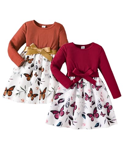 Girls Long Sleeve Butterfly Print Dresses with Tie Belt for Princess Brithday Party 4-8 Years(Red+Brown)