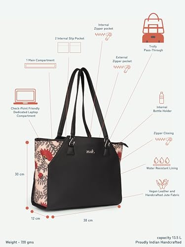Image of ZOUK Printed Jute Handcrafted Vegan Leather Black Women's Check-point Friendly Classic Business Bag