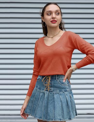 Image of Zeagoo Womens Sweaters Fall Trendy Casual Long Sleeve Shirt Lightweight V Neck Off Shoulder Crochet Pullover Top Outfit
