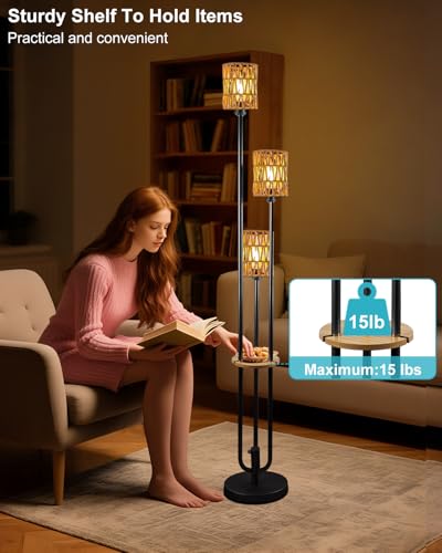 Image of 63IN Dimmable Floor Lamp with Shelf, Black Rattan Tall Standing Lamps Candle Holder Style, 3000K Warmwhite Mid Century Modern Floor Lamp with 5Lbs Heavy Base for Living Room (Bulbs Included)